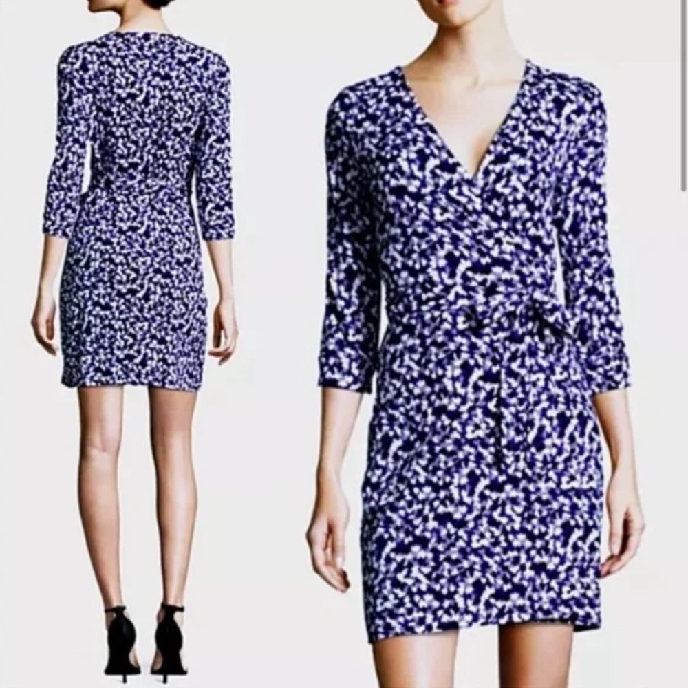 Diane Von Furstenberg Blue Abstract Mini Wrap Dress